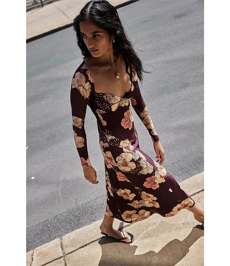 Free People Calla Floral Print Sweetheart Neckline Long Sleeve Midi Dress