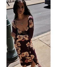 Free People Calla Floral Print Sweetheart Neckline Long Sleeve Midi Dress