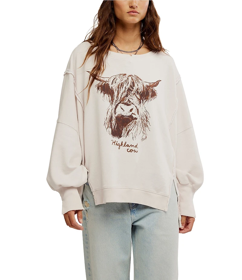 Free People Camden Highland Cow Graphic Scoop Neck Long Sleeve Sweatshirt