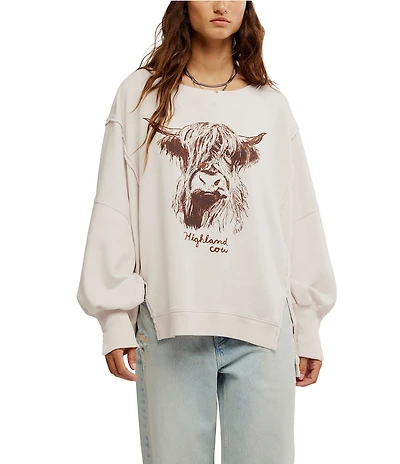 Free People Camden Highland Cow Graphic Scoop Neck Long Sleeve Sweatshirt