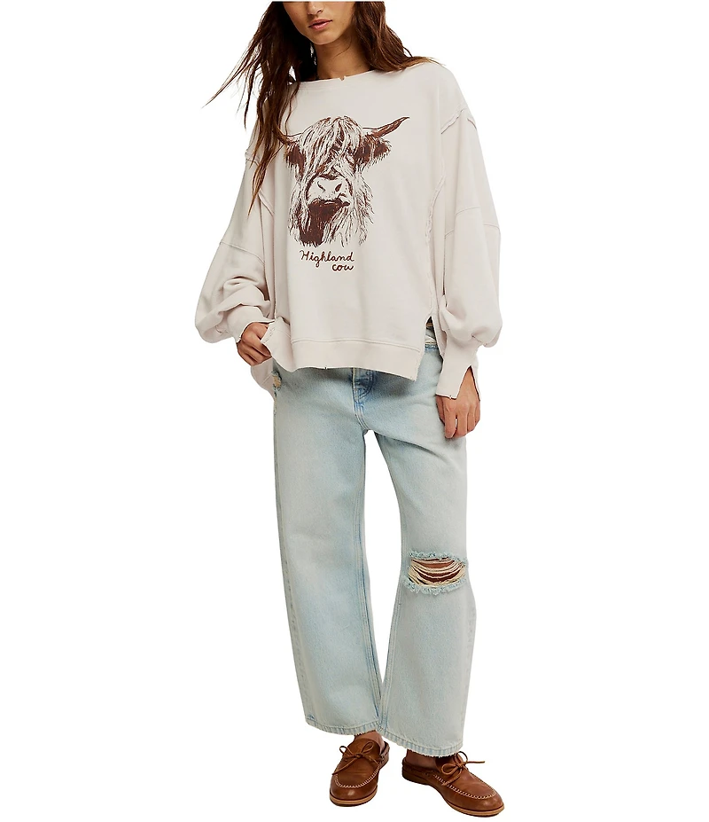 Free People Camden Highland Cow Graphic Scoop Neck Long Sleeve Sweatshirt