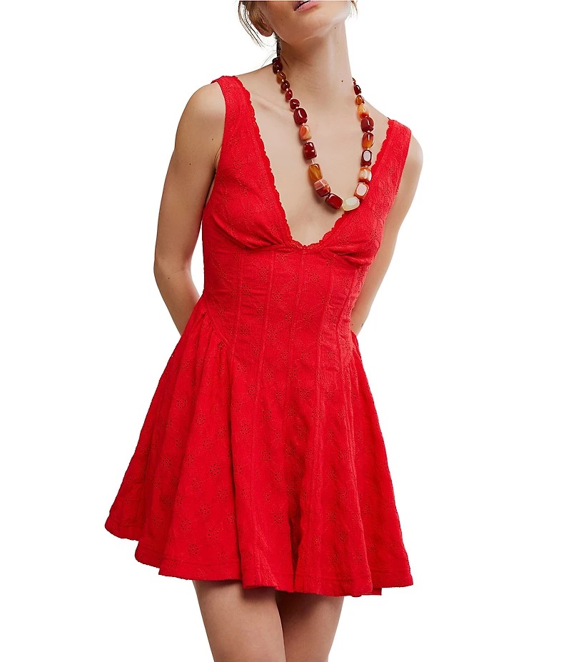 Free People Cant Help It V-Neck Sleeveless A-Line Eyelet Lace Mini Dress