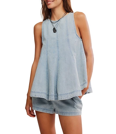 Free People Cassius Denim Fit and Flare Top and Coordinating High-Rise Short Set