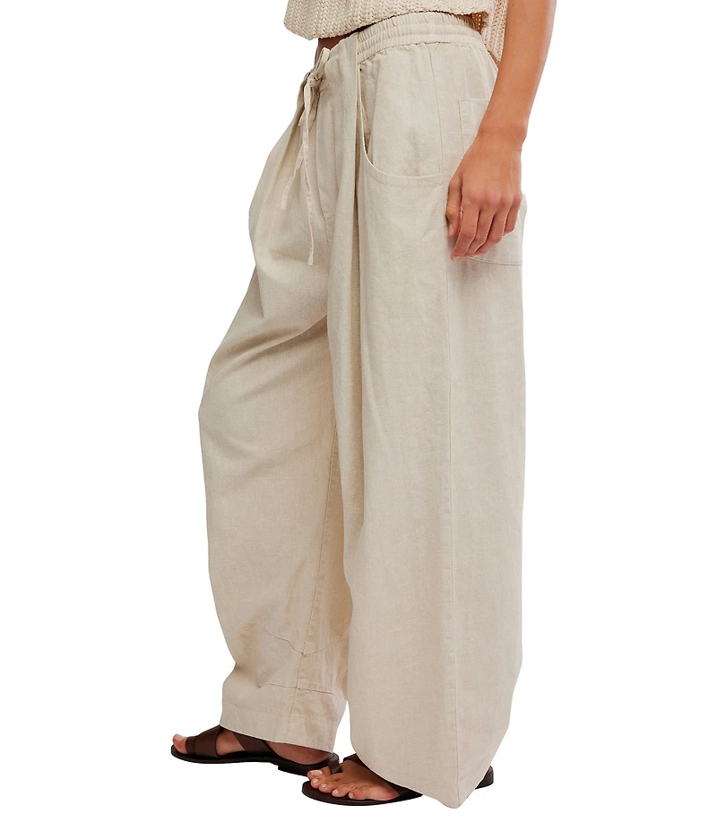 Free People Chambers Laid Back Linen Blend Mid Rise Pull-On Pants