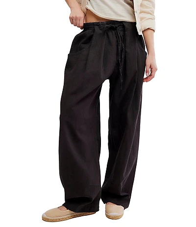 Free People Chambers Laid Back Linen Blend Mid Rise Pull-On Pants
