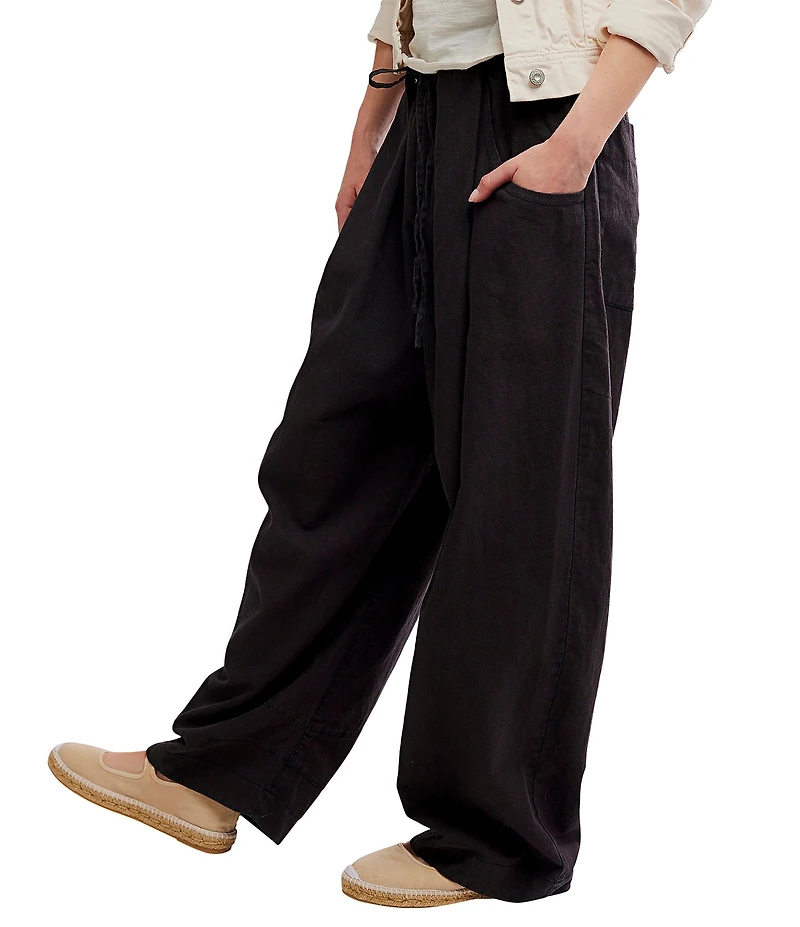 Free People Chambers Laid Back Linen Blend Mid Rise Pull-On Pants