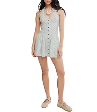 Free People Clean Break Stripe Print Halter Neck Sleeveless Drop Waist Mini Dress