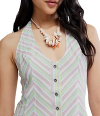 Free People Clean Break Stripe Print Halter Neck Sleeveless Drop Waist Mini Dress