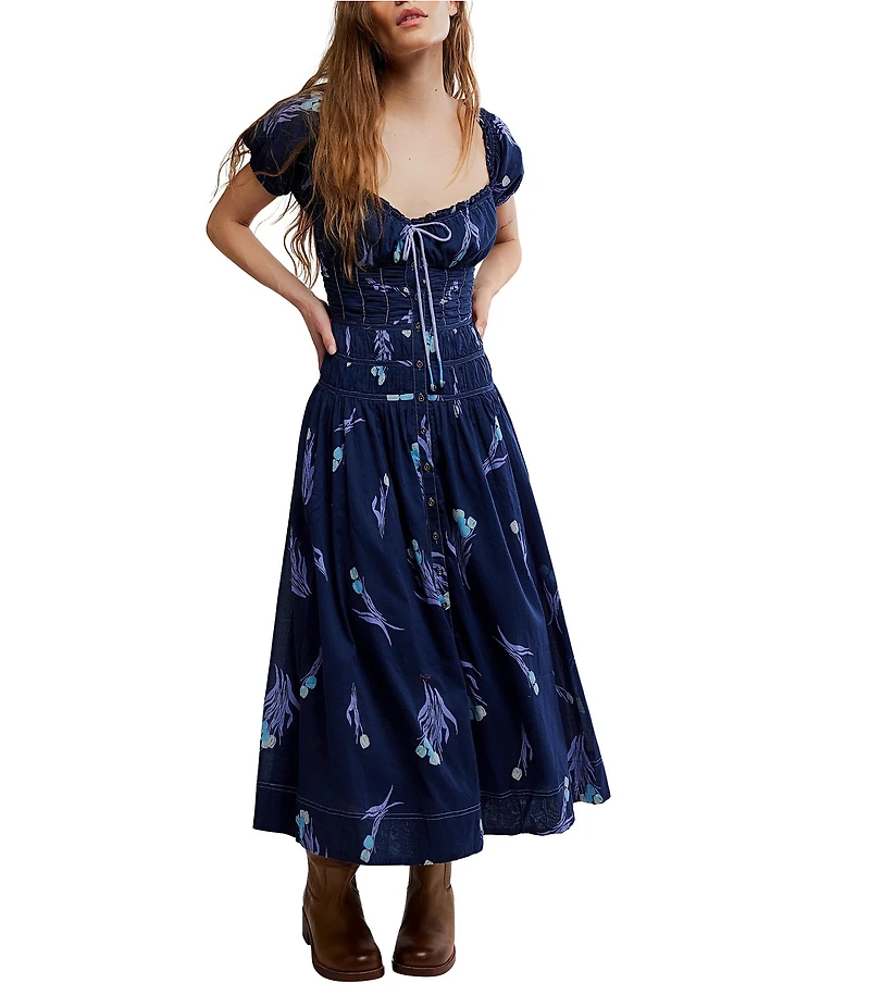 Free People Complete Me Floral Print Sweetheart Neckline Short Sleeve Midi Dress