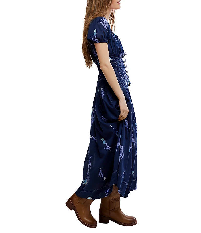 Free People Complete Me Floral Print Sweetheart Neckline Short Sleeve Midi Dress