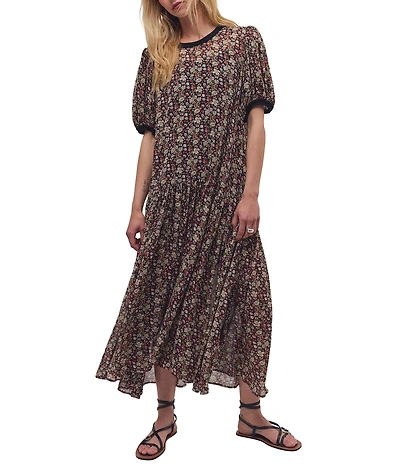 Free People Courtside Crush Floral Crew Neck Short Sleeve Chiffon Drop Waist Maxi Dress