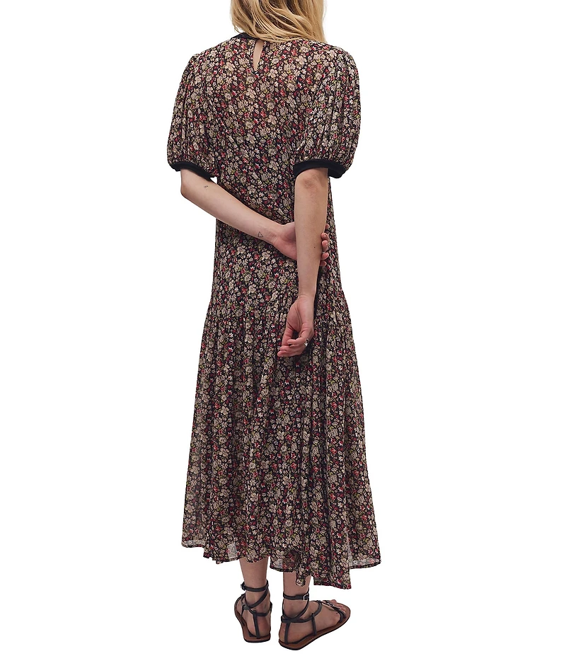 Free People Courtside Crush Floral Crew Neck Short Sleeve Chiffon Drop Waist Maxi Dress