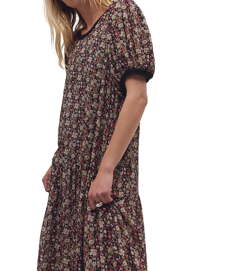 Free People Courtside Crush Floral Crew Neck Short Sleeve Chiffon Drop Waist Maxi Dress