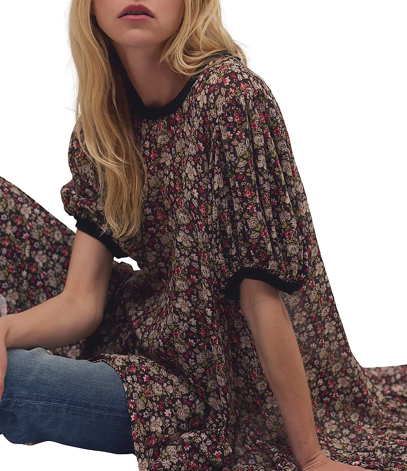 Free People Courtside Crush Floral Crew Neck Short Sleeve Chiffon Drop Waist Maxi Dress
