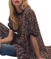 Free People Courtside Crush Floral Crew Neck Short Sleeve Chiffon Drop Waist Maxi Dress