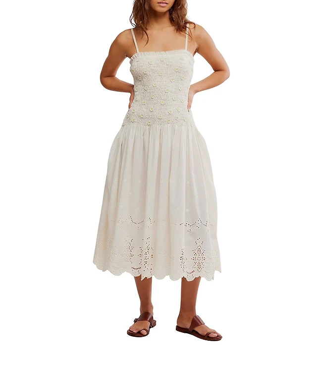 Free People Daphne Embroidered Floral Applique Square Neck Sleeveless  Smocked Drop Waist Midi Dress at CoolSprings Galleria in Franklin, TN