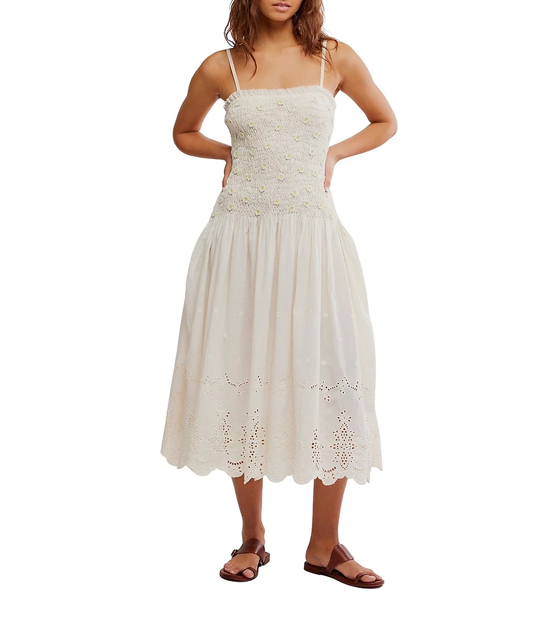Free People Daphne Embroidered Floral Applique Square Neck Sleeveless Smocked Drop Waist Midi Dress