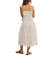Free People Daphne Embroidered Floral Applique Square Neck Sleeveless Smocked Drop Waist Midi Dress