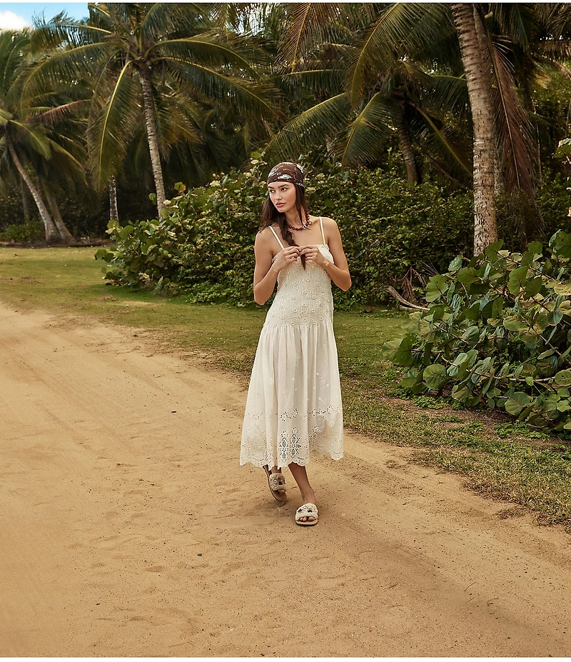 Free People Daphne Embroidered Floral Applique Square Neck Sleeveless Smocked Drop Waist Midi Dress