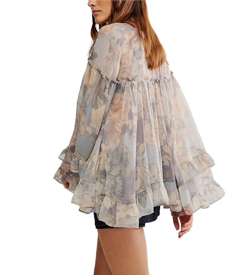 Free People Day Dreaming Floral Print V-Neck Long Sleeve Woven Top