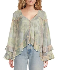Free People Day Dreaming Floral Print V-Neck Long Sleeve Woven Top
