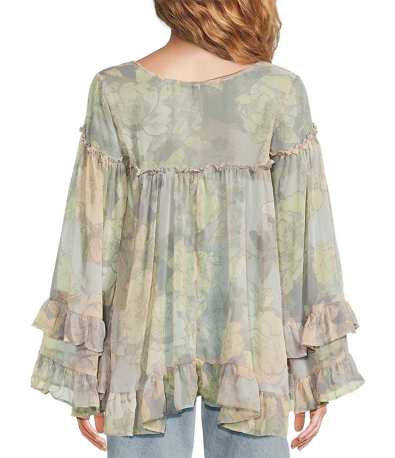 Free People Day Dreaming Floral Print V-Neck Long Sleeve Woven Top