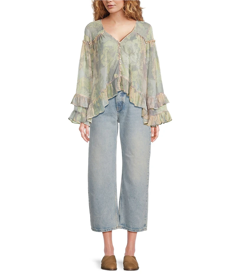 Free People Day Dreaming Floral Print V-Neck Long Sleeve Woven Top