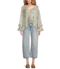 Free People Day Dreaming Floral Print V-Neck Long Sleeve Woven Top