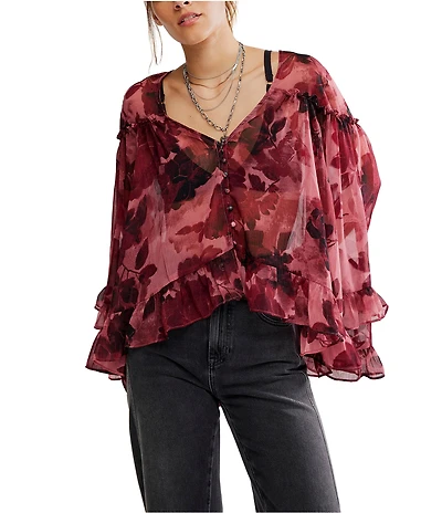 Free People Day Dreaming Floral Print V-Neck Long Sleeve Woven Top