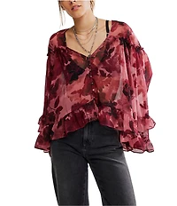 Free People Day Dreaming Floral Print V-Neck Long Sleeve Woven Top