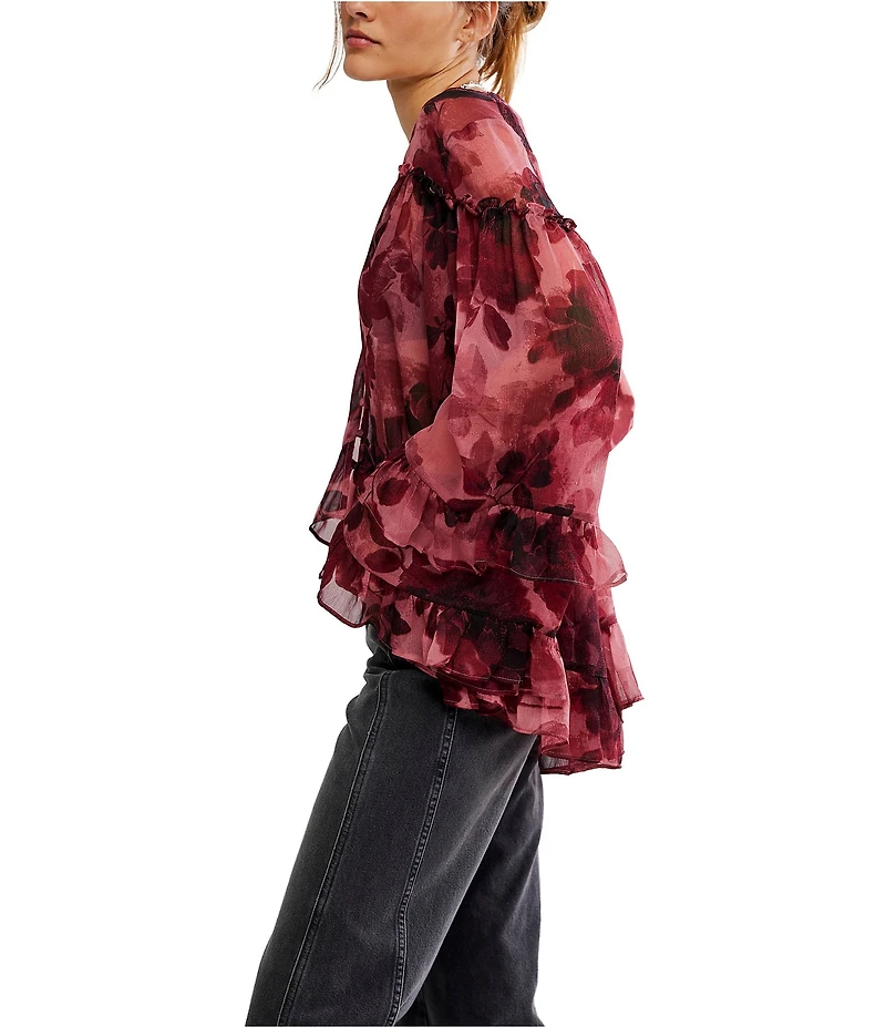 Free People Day Dreaming Floral Print V-Neck Long Sleeve Woven Top