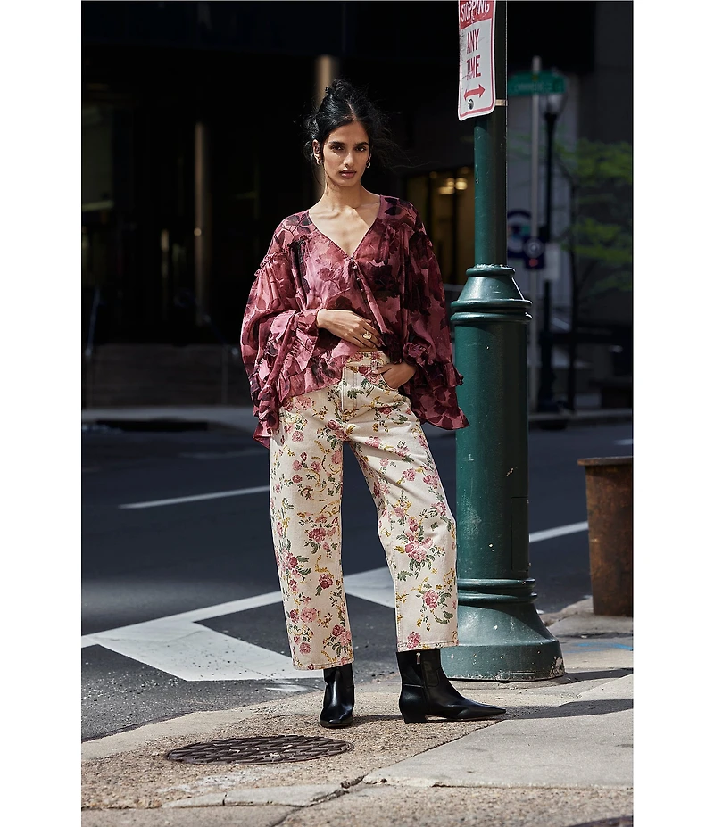 Free People Day Dreaming Floral Print V-Neck Long Sleeve Woven Top