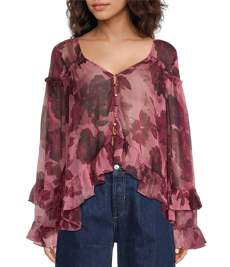 Free People Day Dreaming Floral Print V-Neck Long Sleeve Woven Top