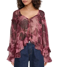 Free People Day Dreaming Floral Print V-Neck Long Sleeve Woven Top