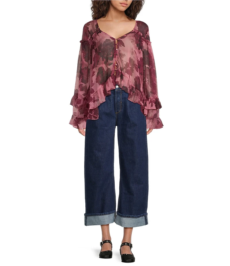 Free People Day Dreaming Floral Print V-Neck Long Sleeve Woven Top