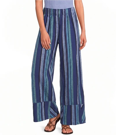 Free People Days End Linen Striped Mid Rise Pull-On Pants