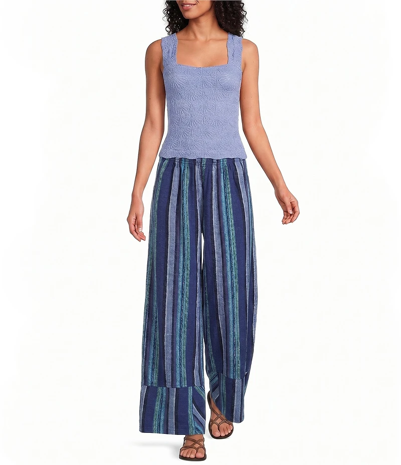 Free People Days End Linen Striped Mid Rise Pull-On Pants