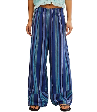Free People Days End Linen Striped Mid Rise Pull-On Pants