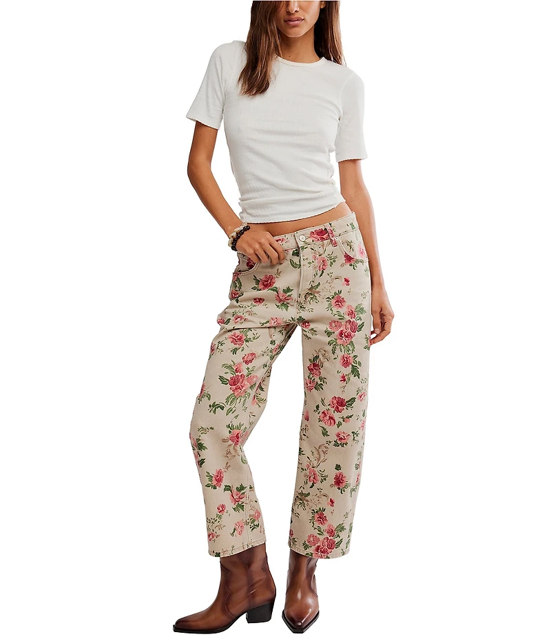 Free People Deep Trance Floral Printed Low-Rise Barrel Jeans