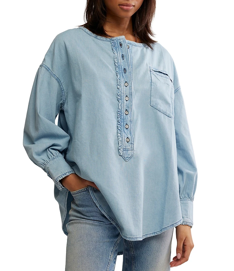 Free People Denim Dreaming Round Neck Oversized Pull-Over Shirt