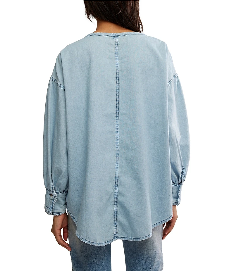 Free People Denim Dreaming Round Neck Oversized Pull-Over Shirt