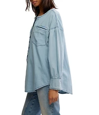 Free People Denim Dreaming Round Neck Oversized Pull-Over Shirt
