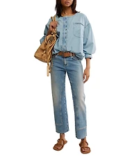 Free People Denim Dreaming Round Neck Oversized Pull-Over Shirt