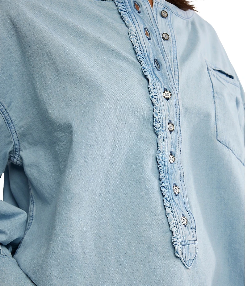 Free People Denim Dreaming Round Neck Oversized Pull-Over Shirt