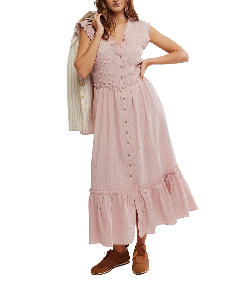 Free People Desert Dazed Ruffle V-Neck Cap Sleeve Tiered Hem Button-Front Midi Dress
