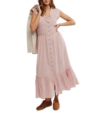 Free People Desert Dazed Ruffle V-Neck Cap Sleeve Tiered Hem Button-Front Midi Dress