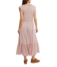 Free People Desert Dazed Ruffle V-Neck Cap Sleeve Tiered Hem Button-Front Midi Dress