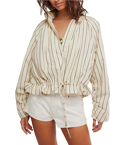 Free People Devon Balloon Striped Funnel-Neck Long Sleeve Jacket
