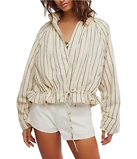 Free People Devon Balloon Striped Funnel-Neck Long Sleeve Jacket