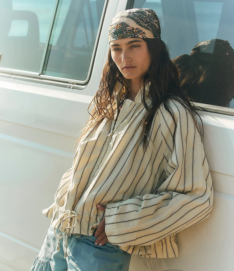Free People Devon Balloon Striped Funnel-Neck Long Sleeve Jacket